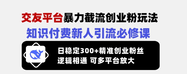 交友平台暴力截流创业粉玩法，知识付费新人引流必修课，日稳定300+精准创业粉丝，逻辑相通可多平台放大-湘创网