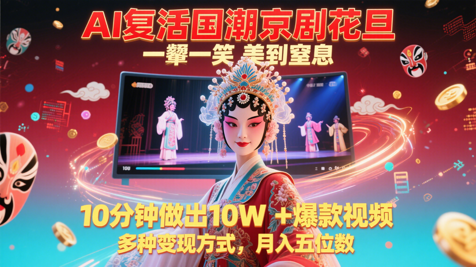 AI复活国潮京剧花旦，一颦一笑美到窒息，10分钟做出10W+爆款视频，多种变现方式-湘创网