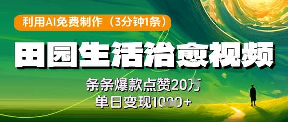 利用AI免费制作田园生活治愈视频，条条爆款点赞20W，单日变现几张-湘创网