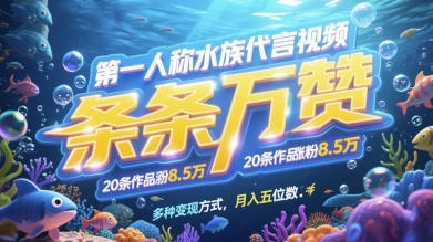 第一人称水族代言视频，条条万赞，20条作品涨粉7.8W，多种变现方式月入五位数-湘创网