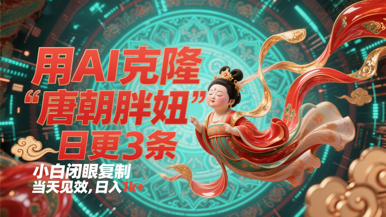 用AI克隆“唐朝胖妞”日更3条，平台疯狂推流，小白闭眼复制，当天见效，日入1k+-湘创网