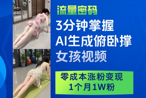 3分钟掌握AI生成俯卧撑女孩视频，零成本涨粉变现，1个月1W粉-湘创网