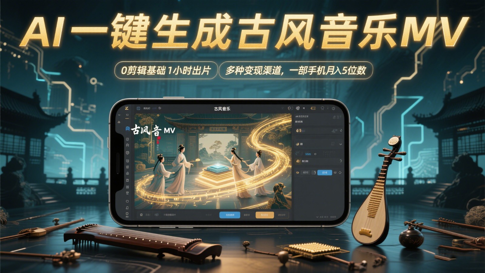 AI一键生成古风音乐MV，0剪辑基础1小时出片，多种变现渠道，一部手机月入5位数-湘创网