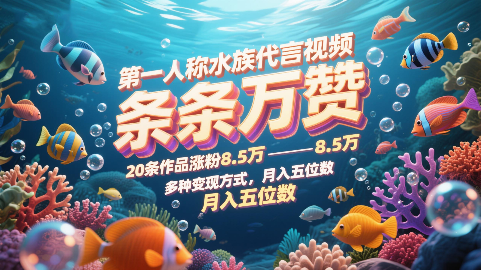 第一人称水族代言视频，条条万赞，20条作品涨粉8.5万，多种变现方式月，入五位数-湘创网