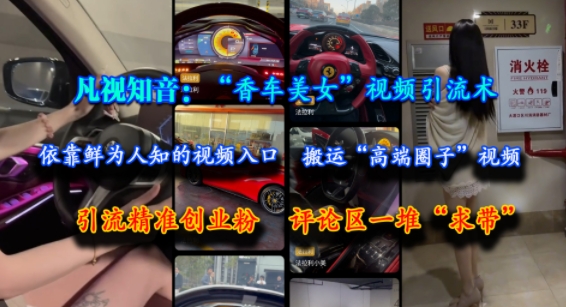 凡视知音：“香车美女”视频引流术，依靠鲜为人知的视频入口，搬运“高端圈子”视频，引流精准创业粉，评论区一堆“求带”-湘创网