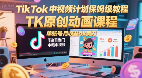 TikTok中视频计划保姆级教程，TK原创动画课程，单账号月收益4k美刀-湘创网