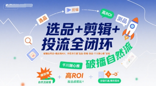 选品+剪辑+投流全闭环，破播自然流+撬动高ROI，手把手打通“选品-剪辑-测品-千川随心推”全链-湘创网