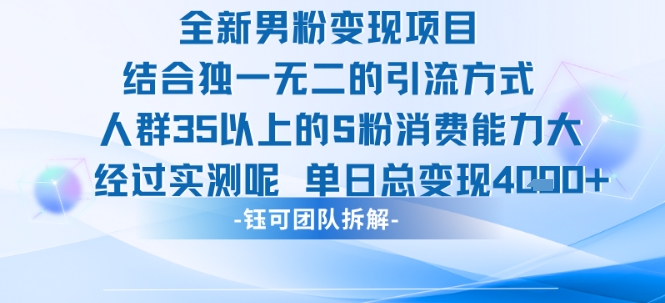 全新男粉变现项目引流人群35以上的男粉消费能力大 经过实测单日变现1k+-湘创网