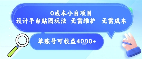 0成本小白项目，设计平台贴图玩法，无需维护，无需成本，单账号单月可产生收益4k+-湘创网