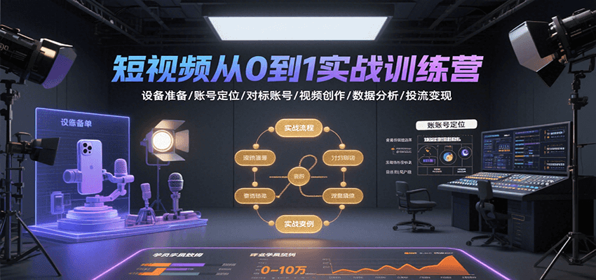 短视频从0到1实战训练营：设备准备/账号定位/对标账号/视频创作/数据分析/投流变现-湘创网