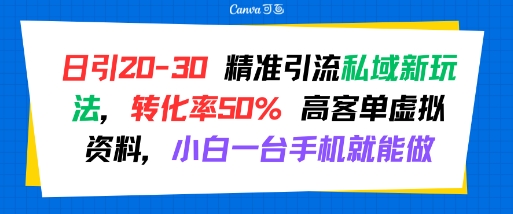 日引 20-30 精准引流私域新玩法，转化率50% 高客单虚拟资料，小白一台手机就能做-湘创网