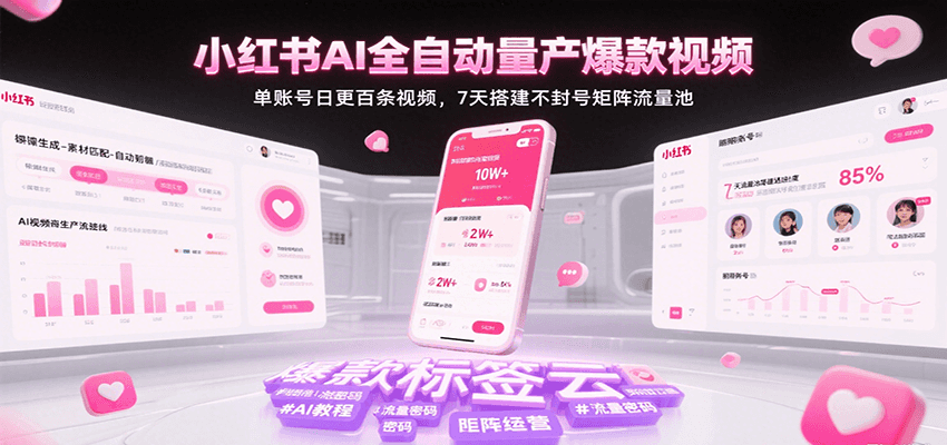 小红书AI全自动量产爆款视频，单账号日更百条视频，7天搭建不封号矩阵流量池（更新）-湘创网