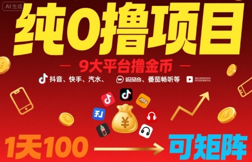 纯0撸项目，9大平台撸金币，抖音，快手，汽水，番茄畅听等，1天100，可矩阵-湘创网