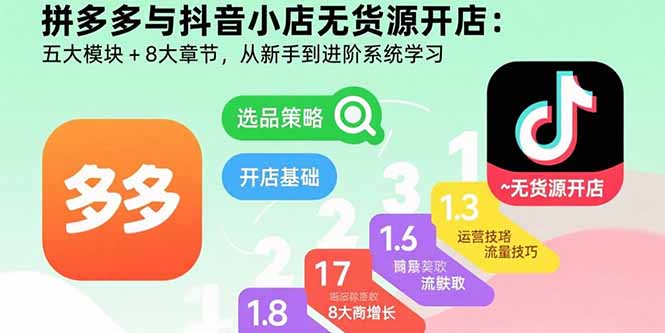 （15805期）拼多多与抖音小店无货源开店：五大模块+8大章节，从新手到进阶系统学习-湘创网