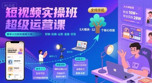 短视频实操班超级运营课，新手小白到短视频大神必修课程，剪辑-拍摄-运营-直播-变现-湘创网