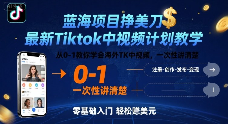 蓝海项目挣美刀，最新Tiktok中视频计划教学，从0-1教你学会海外TK中视频，一次性讲清楚-湘创网