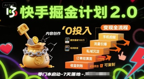 快手掘金计划2.0，快手电商变现全流程，简单可复制，0投入-湘创网