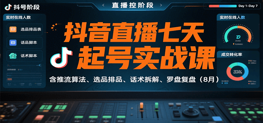 抖音直播七天起号实战课：含推流算法、选品排品、话术拆解、罗盘复盘（8月）-湘创网