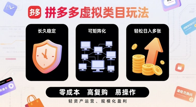 拼多多虚拟类目玩法，长久稳定，可矩阵化，轻松日入多张-湘创网