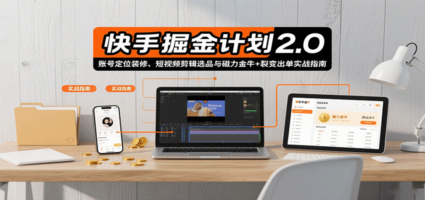 快手掘金计划2.0，账号定位装修、短视频剪辑选品与磁力金牛+裂变出单实战指南-湘创网