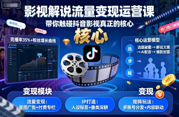 影视解说流量变现运营课，带你触碰抖音影视真正的核心-湘创网