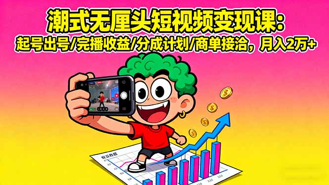 （16023期）潮式无厘头短视频变现课：起号出号/完播收益/分成计划/商单接洽，月入2万+-湘创网