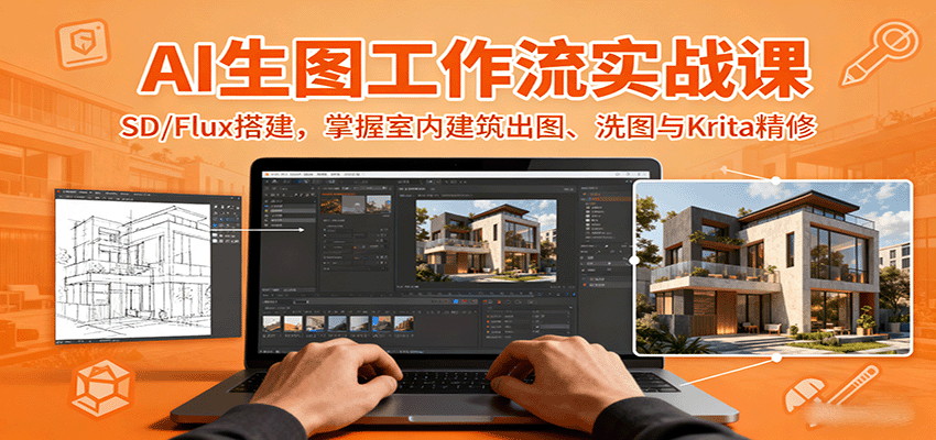 AI生图工作流实战课：SD/Flux搭建，掌握室内建筑出图、洗图与Krita精修-湘创网