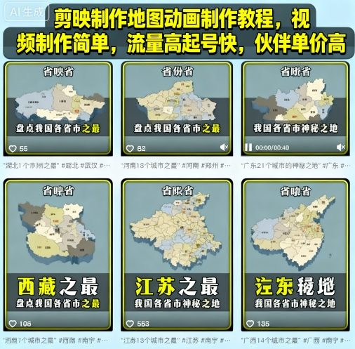 剪映制作地图动画制作教程，视频制作简单，流量高起号快，伙伴单价高-湘创网