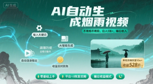 不用拍不用剪！AI自动生成烟雨视频，日入5张+，睡后收入-湘创网