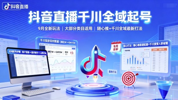 抖音直播千川全域起号，9月全新玩法，大部分类目适用，随心推以及千川全域最新打法-湘创网