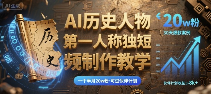 最新AI历史人物第一人称独白短视频制作教学，一个半月20w粉，可过伙伴计划-湘创网