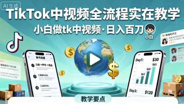 TikTok中视频全流程实操教学，小白做tk中视频，日入百刀-湘创网