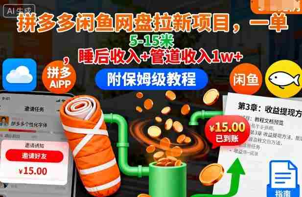 拼多多闲鱼网盘拉新项目，一单5-15米，睡后收入+管道收入1w+（附保姆级教程）-湘创网