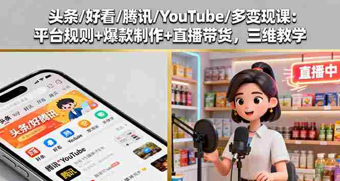 （16147期）头条/好看/腾讯/YouTube/多变现课：平台规则+爆款制作+直播带货，三维教学-湘创网