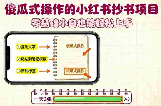 傻瓜式操作的小红书抄书项目，会复制粘贴就行，零基础小白也能一天3张-湘创网