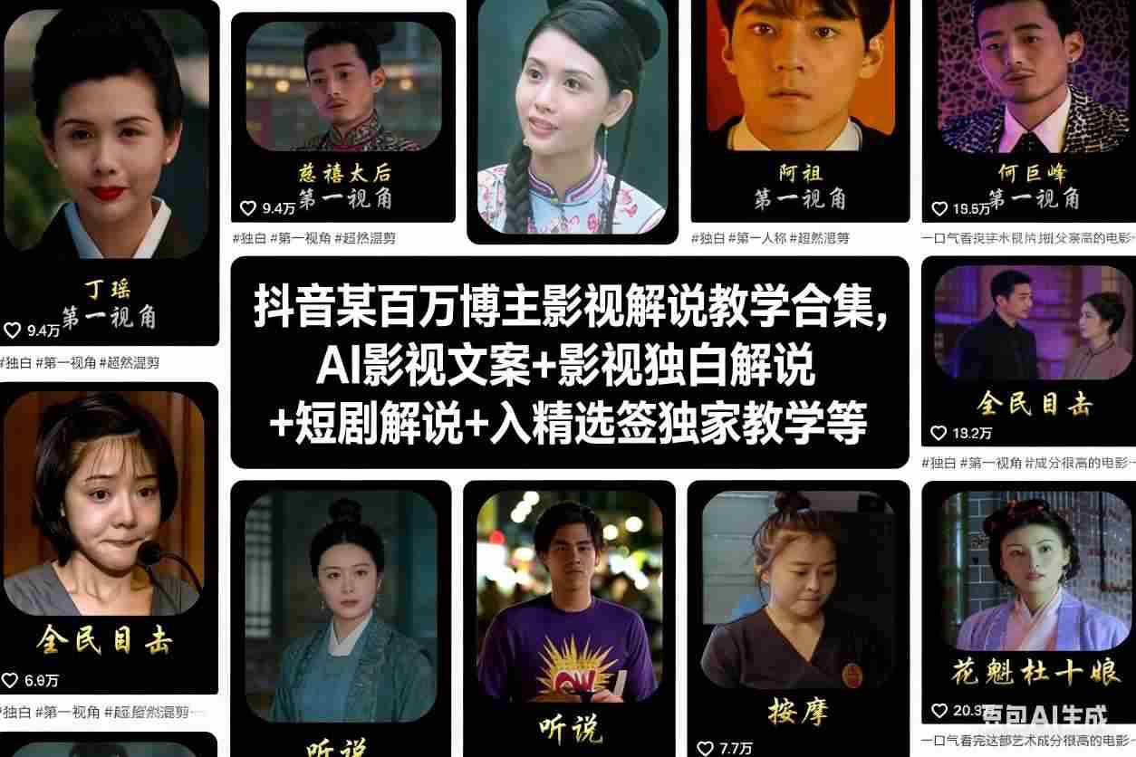 抖音某百万博主影视解说教学合集，AI影视文案+影视独白解说+短剧解说+入精选签独家教学等-湘创网