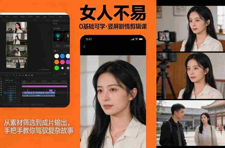 0基础可学！《女人不易》竖屏剧情剪辑课，从素材筛选到成片输出，手把手教你驾驭复杂故事-湘创网