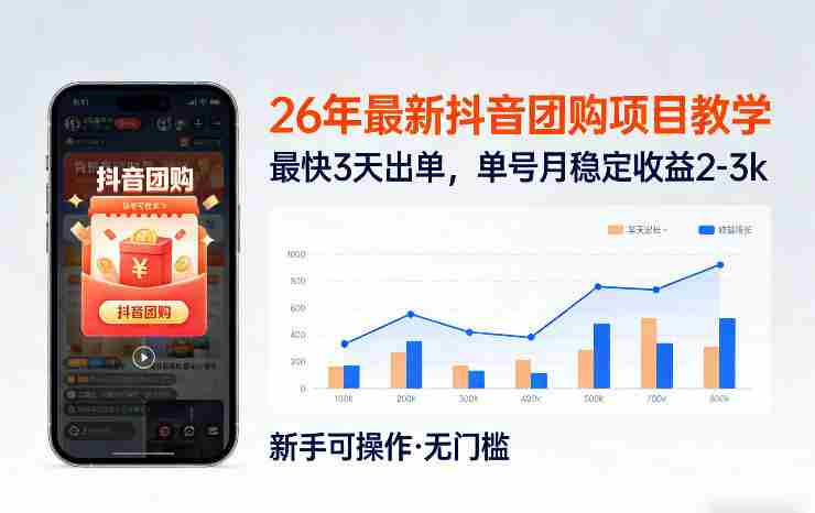 26年最新抖音团购项目教学,0门槛,最快3天出单,单号月稳定收益2-3k