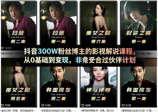 抖音300W粉丝博主的影视解说课程，从0基础到变现，非常适合过伙伴计划-湘创网