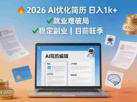 2026用AI优化简历日入1k+就业难，目前旺季，稳定副业-湘创网