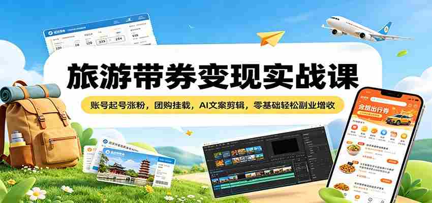 旅游带券变现实战课：账号起号涨粉，团购挂载，AI文案剪辑，零基础轻松副业增收-湘创网