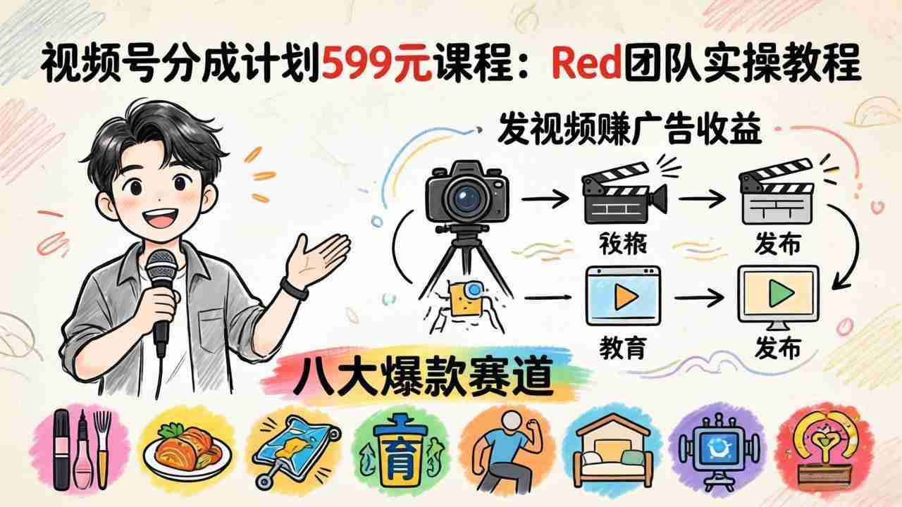 （18088期）视频号分成计划599元课程：Red团队实操教程，发视频赚广告收益，八大爆款赛道全掌握-湘创网
