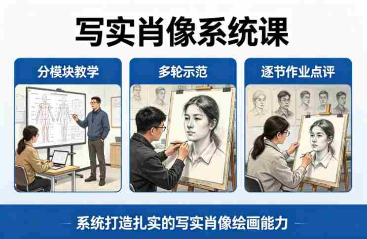 写实肖像系统课，全程分模块教学+多轮示范+逐节作业点评，系统打造扎实的写实肖像绘画能力-湘创网