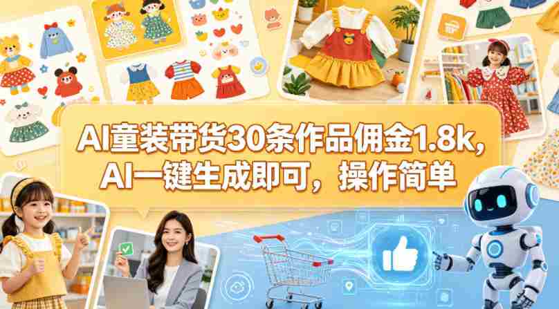 AI童装带货30条作品佣金1.8k，AI一键生成即可，操作简单-湘创网