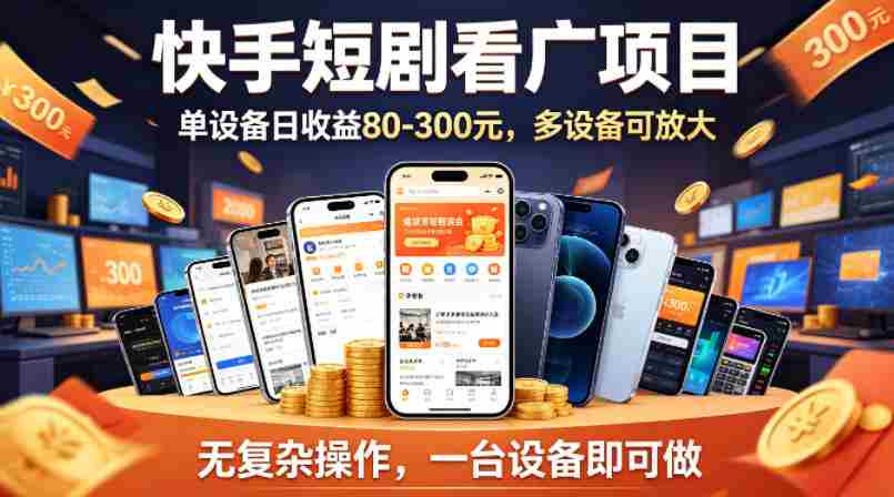 快手短剧看广告项目，没有复杂操作，一台设备每天能有80到300收益，设备多可放大-湘创网
