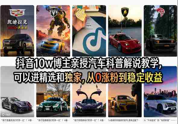 抖音10w博主亲授汽车科普解说教学，可以进精选和独家，从0涨粉到稳定收益（详细视频课程+1T素材）-湘创网