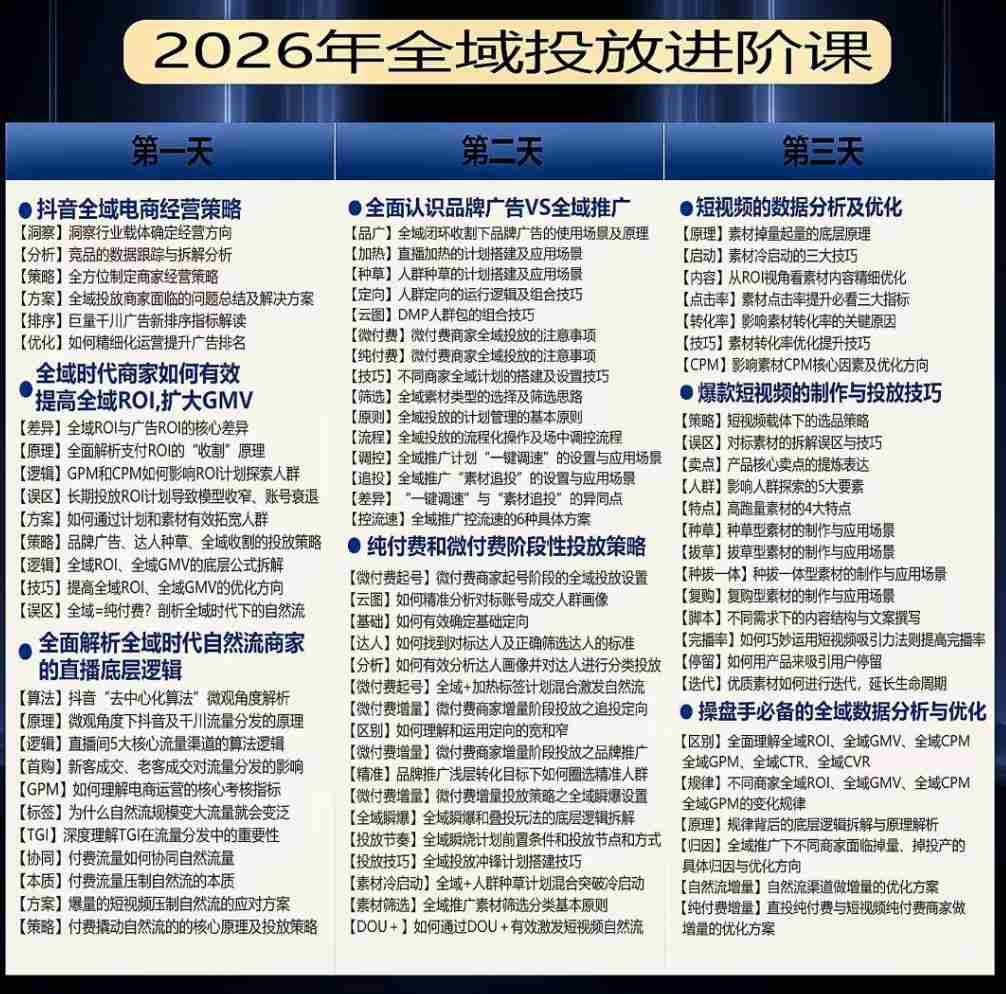 千川扫地僧2026抖音全域投放进阶课，少走弯路·快速起量·掌控增长，6月12-14号杭州线下课