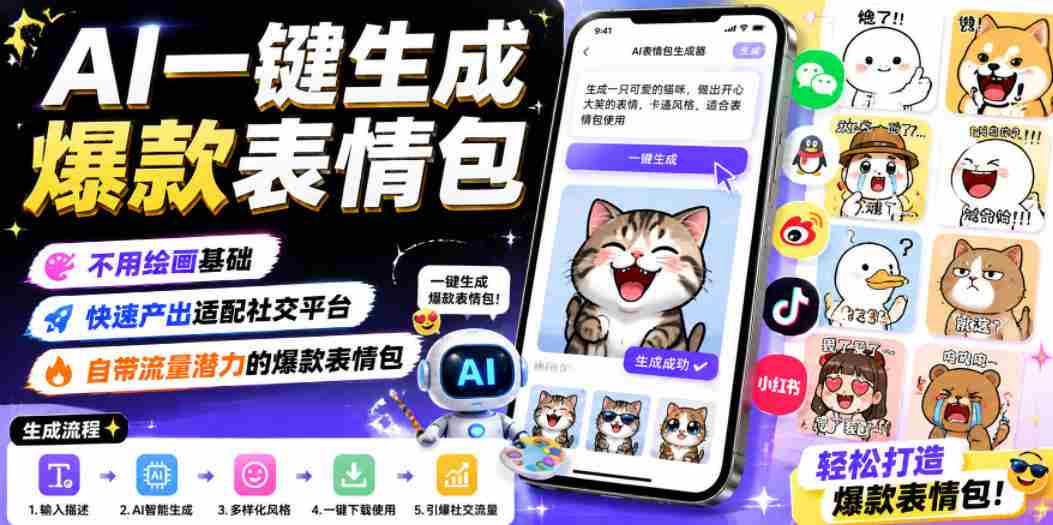 AI一键生成爆款表情包，不用绘画基础，快速产出适配社交平台，自带流量潜力的爆款表情包-湘创网