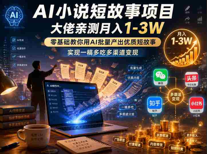 AI小说短故事项目,大佬亲测月入1-3W,零基础教你用AI批量产出优质短故事,实现一稿多吃多渠道变现