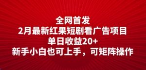全网首发,2月最新红果短剧看广告项目,单日收益20+,新手小白也可上手,可矩阵操作-湘创网
